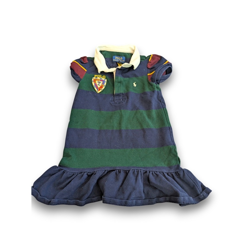 Polo Ralph Lauren Polo Shirt Collared Dress Navy Blue Green Stripe Patch Girls 4
